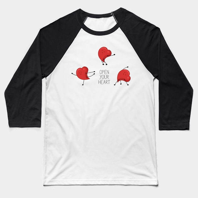 Open your heart illustration with red cartoon character doing yoga Baseball T-Shirt by SooperYela